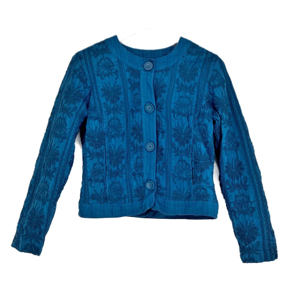Vintage Chico's Boho Floral Embroidered Short Jacket Size 0 = Small Denim Blue